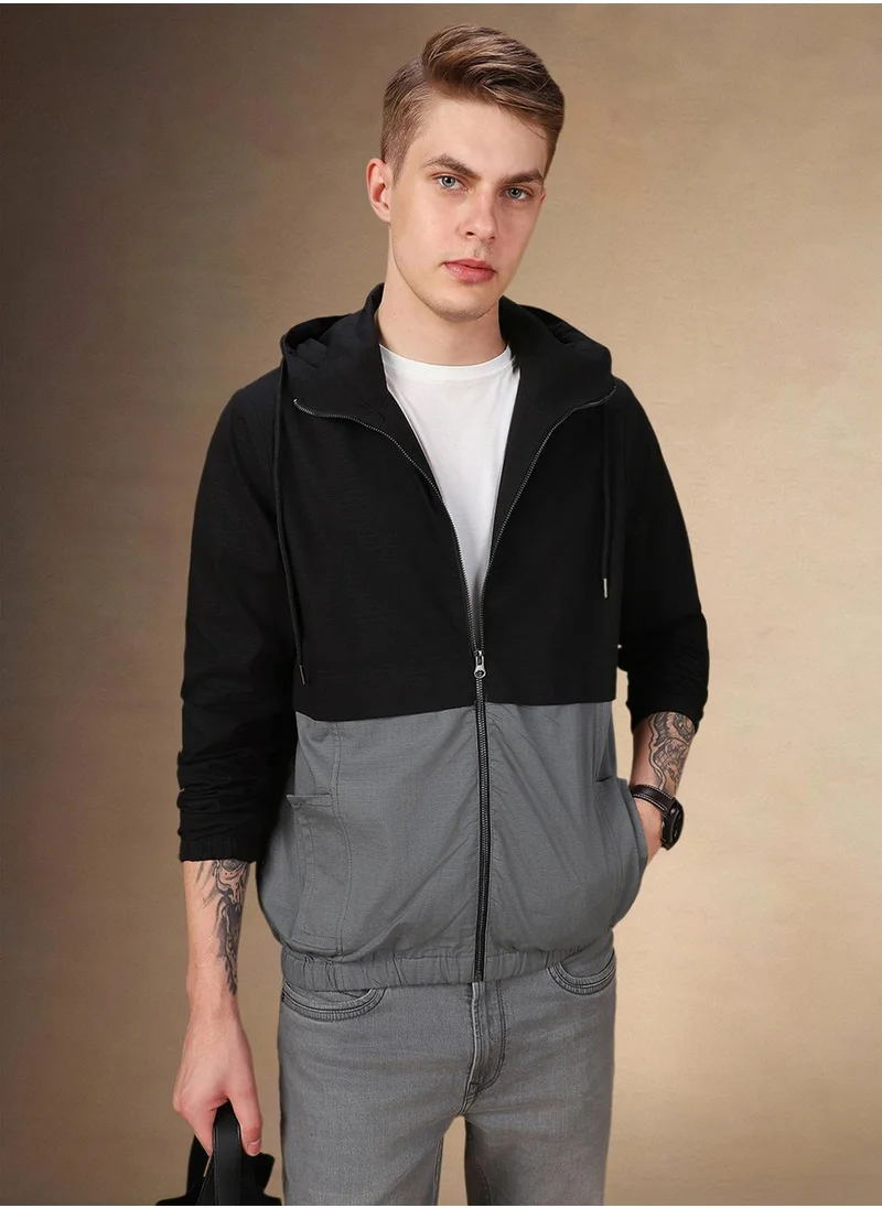 دينيس لينغو Men's Black 100% Polyester Colour Blocked Regular Fit Jacket