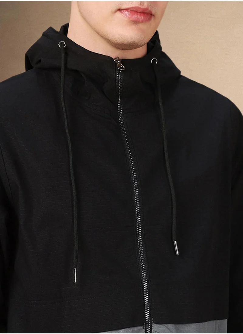 دينيس لينغو Men's Black 100% Polyester Colour Blocked Regular Fit Jacket