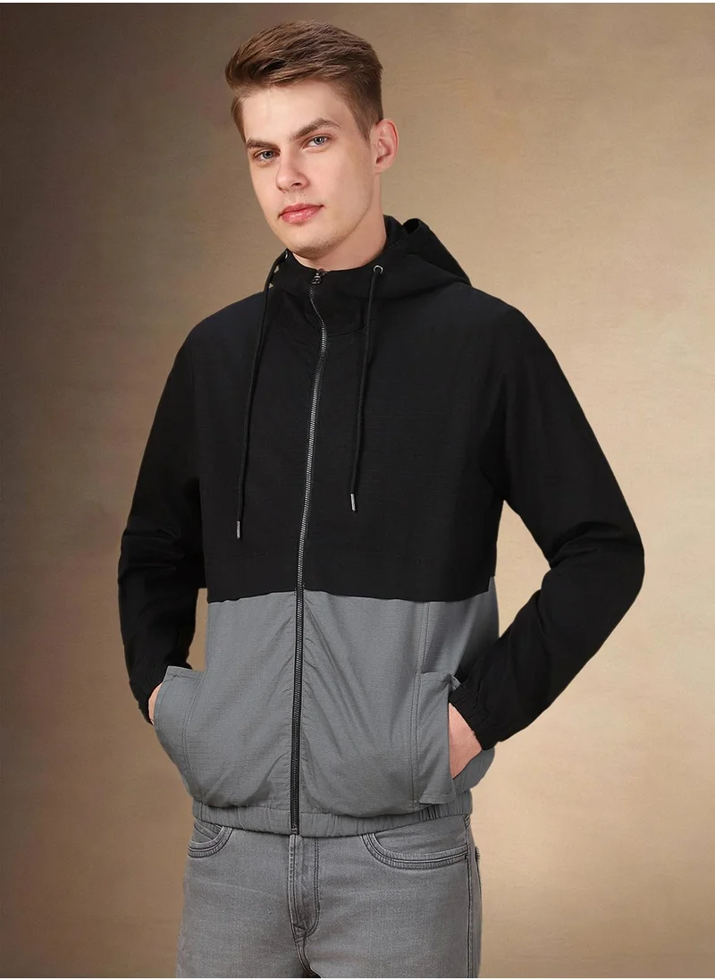 دينيس لينغو Men's Black 100% Polyester Colour Blocked Regular Fit Jacket