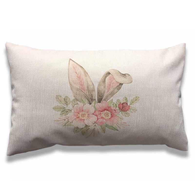 AOYEGO Easter Bunny Ear Throw Pillow Cover 12x20 Inch Rabbit Pink Flower Green Leaf Rectangle Pillow Cases Home Decorative Cotton Linen Cushion Cover for Bed Sofa - Image 1