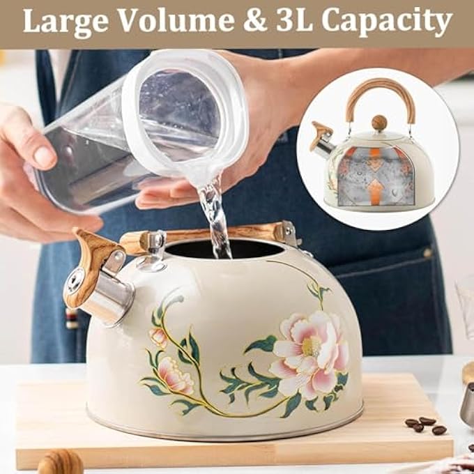 NALACAL غلاية شاي صافرة زهرية سعة 3 لتر، مناسبة للموقد، إبريق شاي عتيق من الفولاذ المقاوم للصدأ بمقبض CoolTouch، إبريق شاي عتيق مطلي بالمينا، مناسبة للموقد، غلاية ماء صافرة للمطبخ - Image 4
