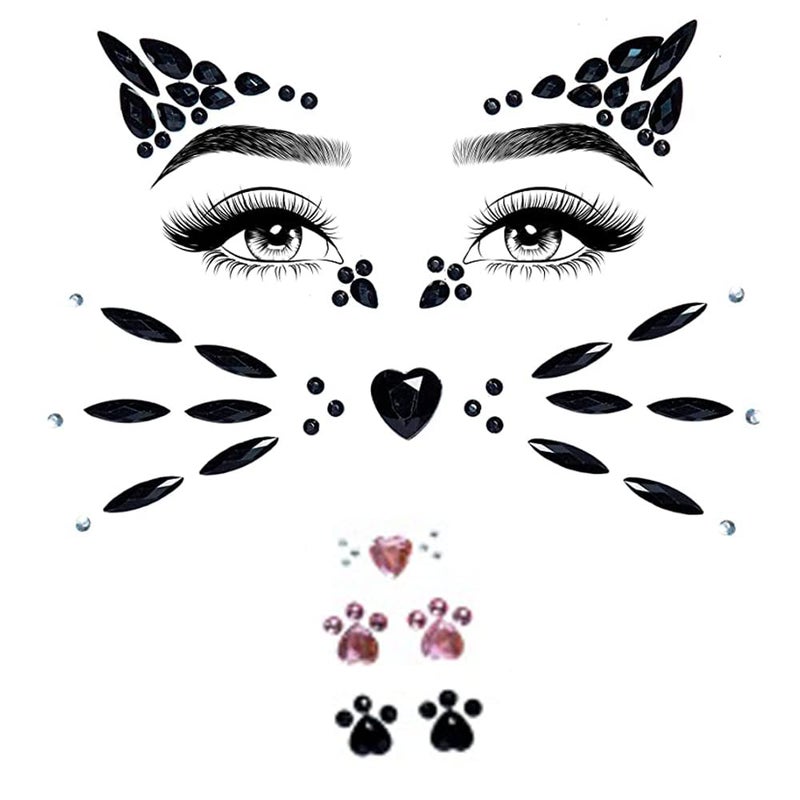 Leoars Crystal Cat Face Gems Pink Cat Print Jewels Black Face Jewels Fake Cat Lash Gems Tattoo Stick on Eye for Men Women Kids Halloween Prank Makeup Costume