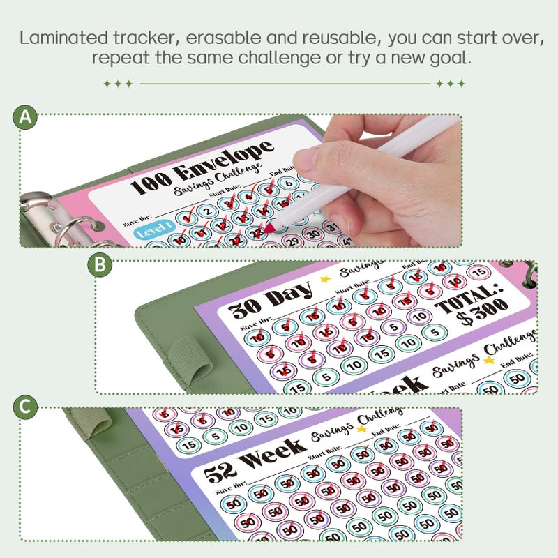 Sooez 100 Envelopes Money Saving Challenge, Savings Challenges Book with Envelopes, Flexible Saving $5050, $2600, $300, Savings Binder with 100 Pocket Pre-Number & Reusable Laminated Tracker - Image 5