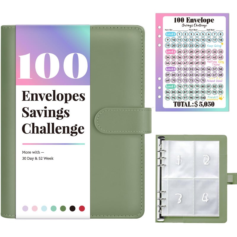 Sooez 100 Envelopes Money Saving Challenge, Savings Challenges Book with Envelopes, Flexible Saving $5050, $2600, $300, Savings Binder with 100 Pocket Pre-Number & Reusable Laminated Tracker - Image 1