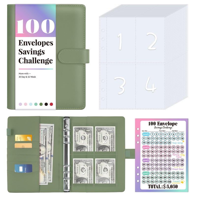 Sooez 100 Envelopes Money Saving Challenge, Savings Challenges Book with Envelopes, Flexible Saving $5050, $2600, $300, Savings Binder with 100 Pocket Pre-Number & Reusable Laminated Tracker - Image 2