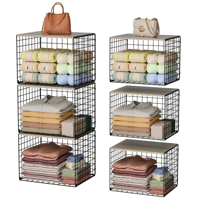 Hencawima Extra-Long Closet Organizers and Storage with Top Board, 3 Pack Stackable Closet Shelf Organizer, Double Storage Design Clothes Storage Cube/Bin Organizer for Wardrobe,Space-Saving, Black,Sturdy,Metal - Image 1