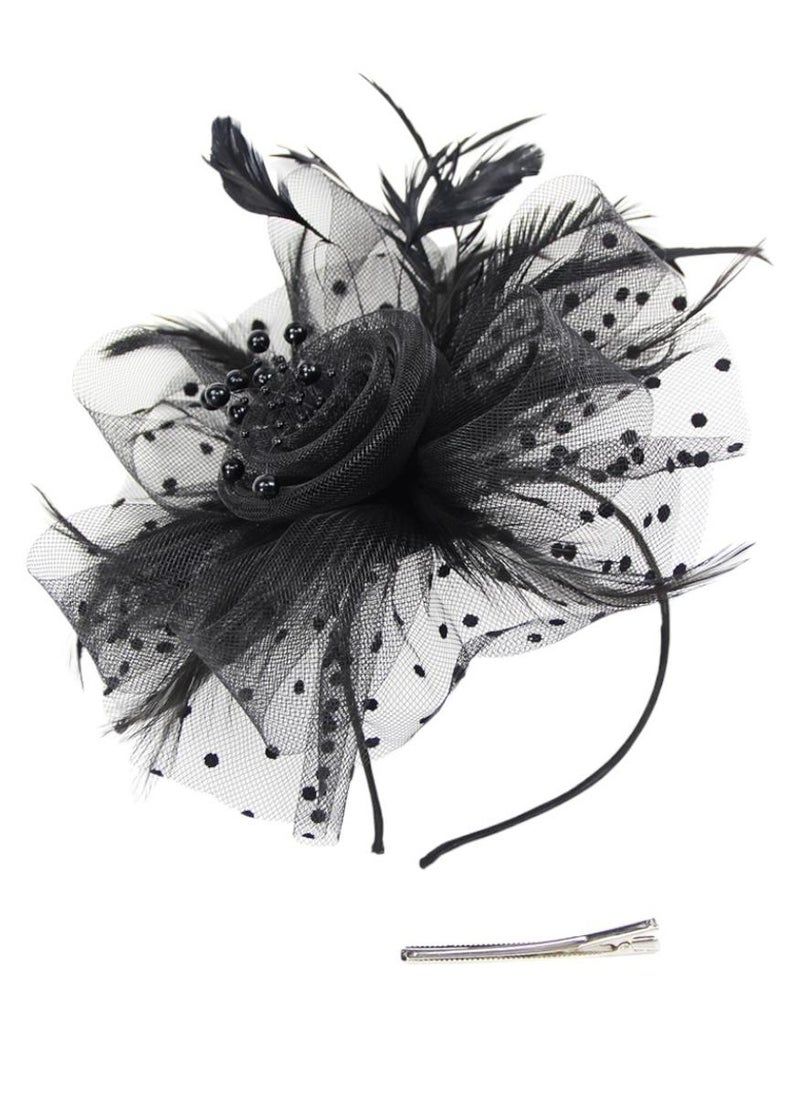 D'Daniela Ddaniela Monalisa Fascinator Hats for Women Tea Party Headband,  Hat Flower Mesh Ribbons Feathers on a Headband and a Clip Tea Party Headwear for Girls and Women Black  - Image 1