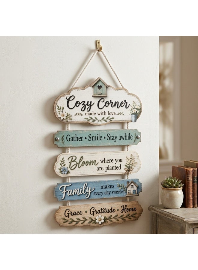 A wooden wall hanging with a cozy corner design and inspirational phrases like "Gather and smile" and "Bloom wherever you are," a rustic wall art piece with calming colors and elegant homey touches, perfect for the living room, entryway, and kitchen. - Image 1