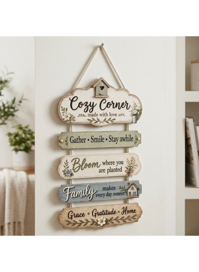 A wooden wall hanging with a cozy corner design and inspirational phrases like "Gather and smile" and "Bloom wherever you are," a rustic wall art piece with calming colors and elegant homey touches, perfect for the living room, entryway, and kitchen. - Image 2