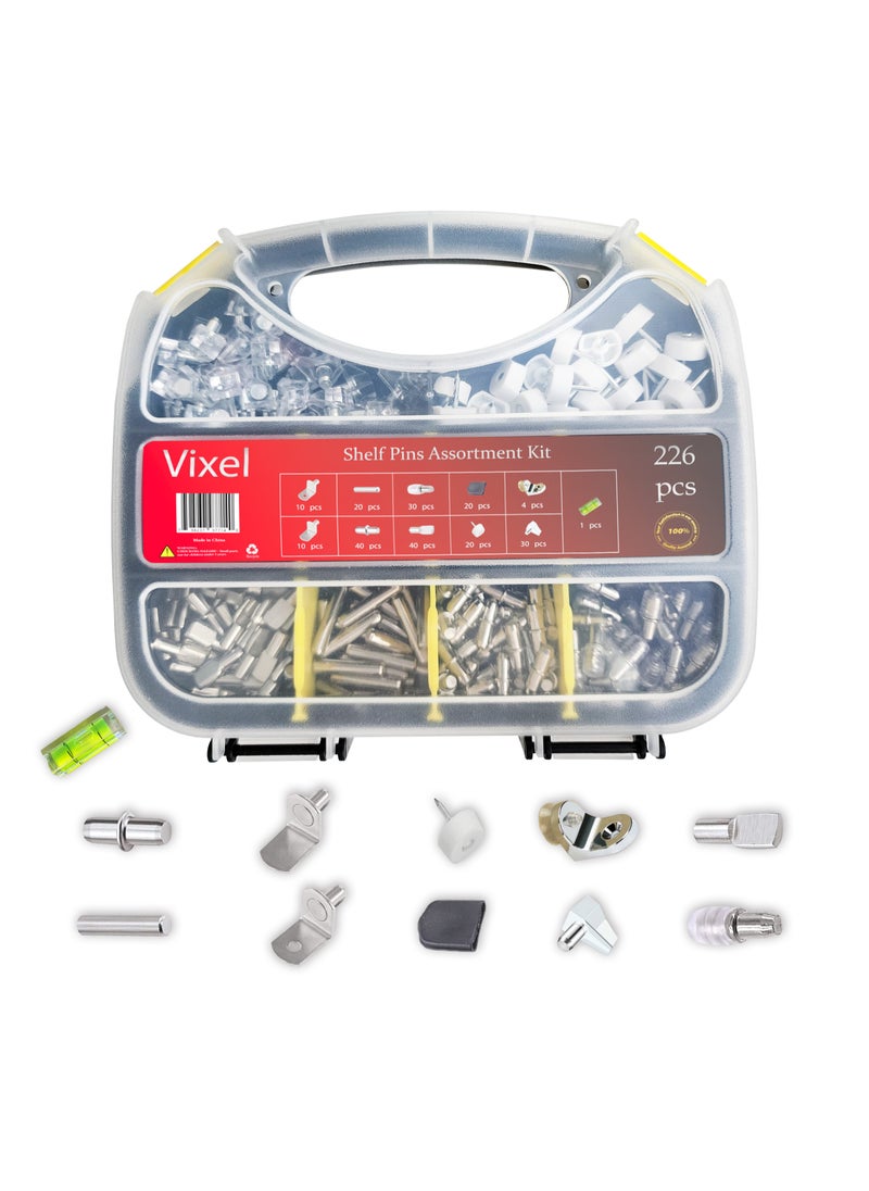 Vixel VIXEL 225 Pcs 11 Models Shelf and Furniture Support Assortment Kit, Dowel Straight Pins L Shaped Brackets Coated Nails Nickel Shelf Support Pins with Level Gauge  - Image 1