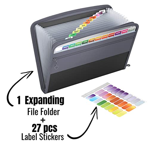 NISUN 13 Pocket Expanding File Folder with Sticky Labels, Letter/A4 Paper Accordion File, Document Organizer with Zipper Closure, Certificate File for School Home Office (Grey-Black, 34 * 3.5 * 27cm) - Image 4