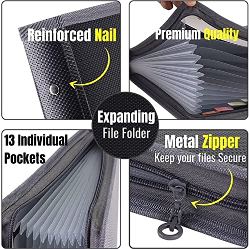 NISUN 13 Pocket Expanding File Folder with Sticky Labels, Letter/A4 Paper Accordion File, Document Organizer with Zipper Closure, Certificate File for School Home Office (Grey-Black, 34 * 3.5 * 27cm) - Image 5