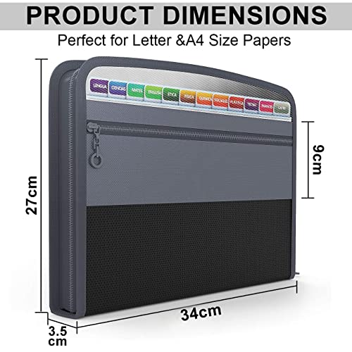 NISUN 13 Pocket Expanding File Folder with Sticky Labels, Letter/A4 Paper Accordion File, Document Organizer with Zipper Closure, Certificate File for School Home Office (Grey-Black, 34 * 3.5 * 27cm) - Image 2
