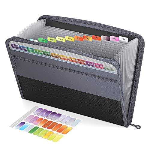 NISUN 13 Pocket Expanding File Folder with Sticky Labels, Letter/A4 Paper Accordion File, Document Organizer with Zipper Closure, Certificate File for School Home Office (Grey-Black, 34 * 3.5 * 27cm) - Image 1