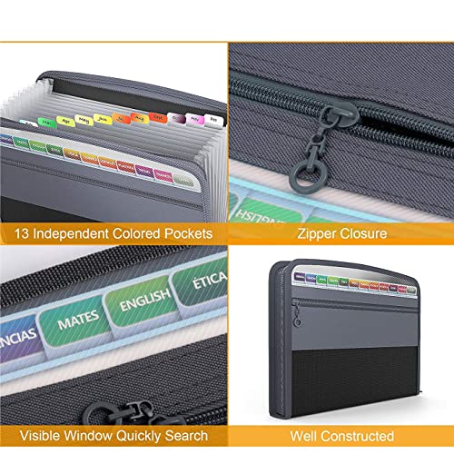 NISUN 13 Pocket Expanding File Folder with Sticky Labels, Letter/A4 Paper Accordion File, Document Organizer with Zipper Closure, Certificate File for School Home Office (Grey-Black, 34 * 3.5 * 27cm) - Image 3