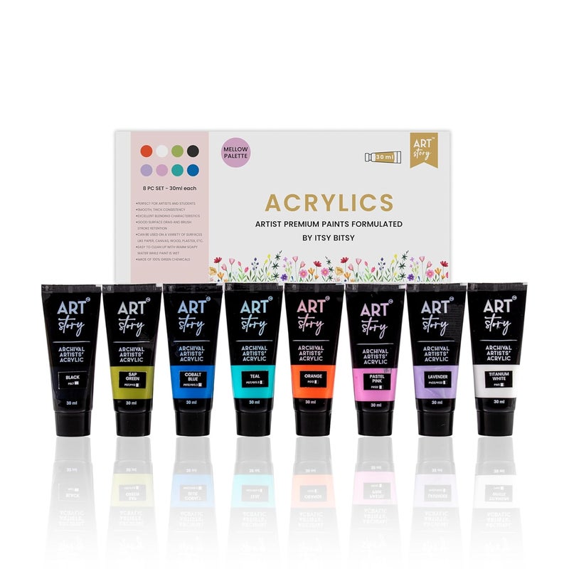 itsy-bitsy Art Story Artists Acrylic Paint Set - Pastel 8 colours X 30ml each| for Paper, Canvas, MDF, Wall, Glass, Plastic, Metal, Terracotta|Premium Multi Surface paint for DIY Art & Craft| For Beginners Students Adults - Image 1