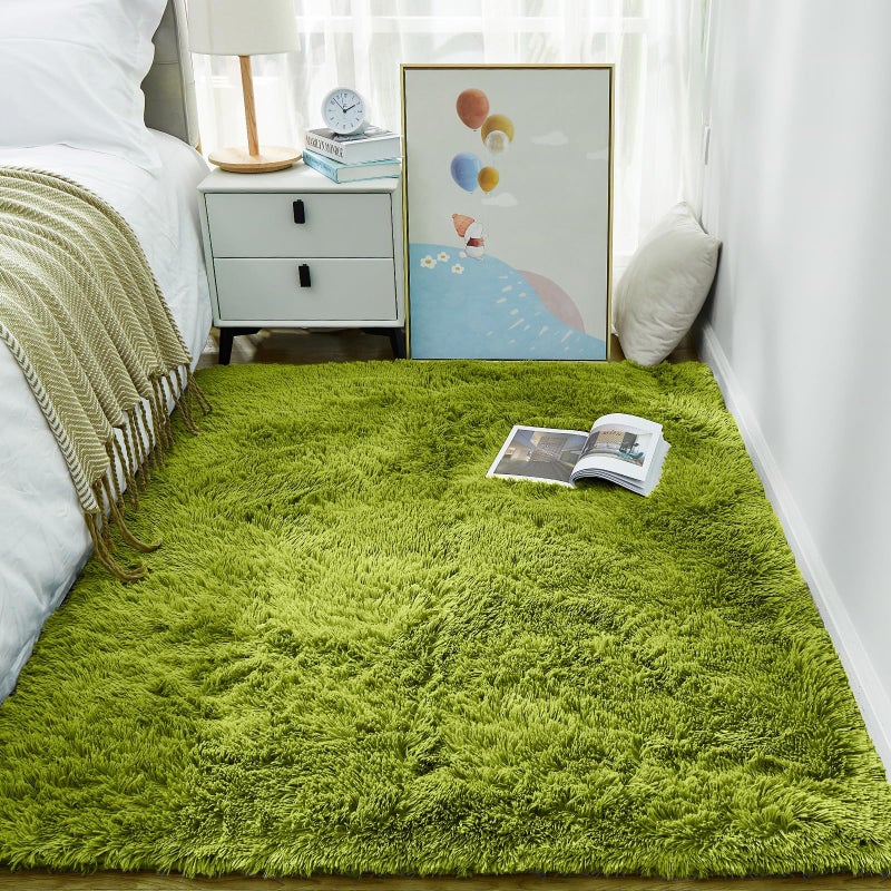Ophanie Green Grass Area Rugs for Bedroom 3x5 Shag Fluffy Carpet Fuzzy Furry Plush Soft Cute Kids Baby Girls Shaggy Bedside Floor Rug for Teen Dorm Nursery Home Decor Aesthetic