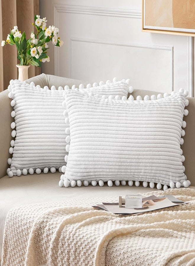 ANRODUO Pack of 2 White Fall Boho Decorative Pillow Covers with Pom-poms 12x20 Pillow Cover Corduroy Cushion Case Cute and Soft Rectangle Throw Pillows for Bed Couch Sofa Living Room Home Decor - Image 1