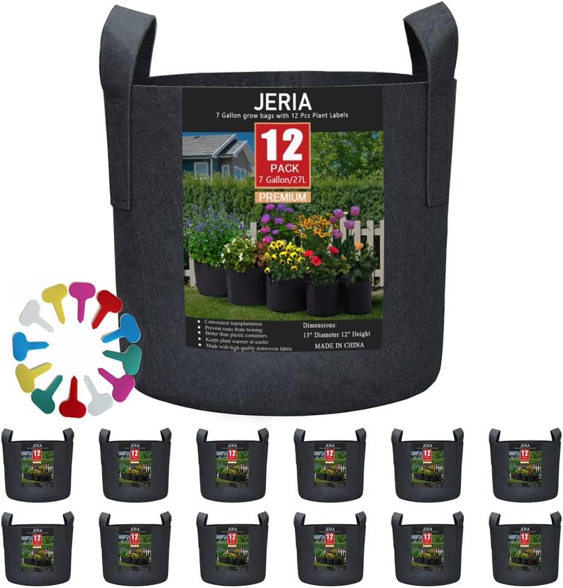 JERIA 12-Pack 7 Gallon, Vegetable/Flower/Plant Grow Bags, Aeration Fabric Pots with Handles (Black), Come with 12 Pcs Plant Labels - Image 1