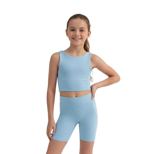 WELAKEN Girls 2 Piece Athletic Outfits Kids Yoga Crop Tank Top Biker Shorts SetsBlue5T - Image 1