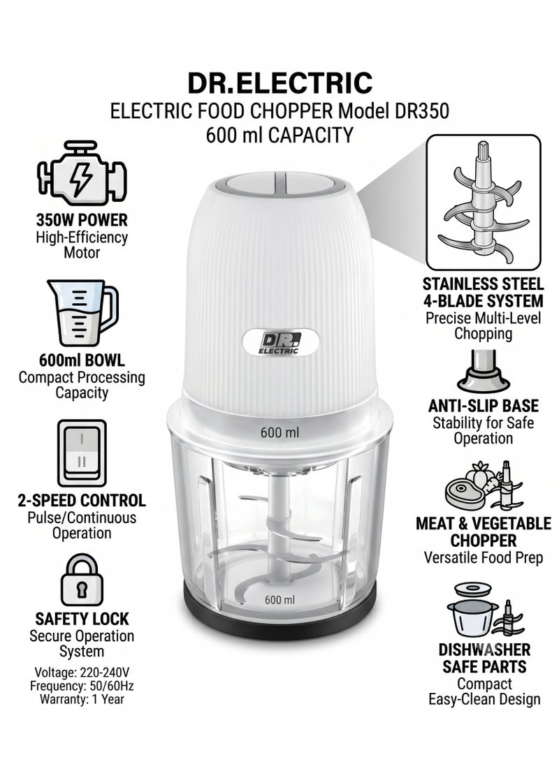 DR.ELECTRIC DR Electric DR350 Electric Food Chopper 600ml, 350W, Double Speed, Stainless Steel Blades - Image 3