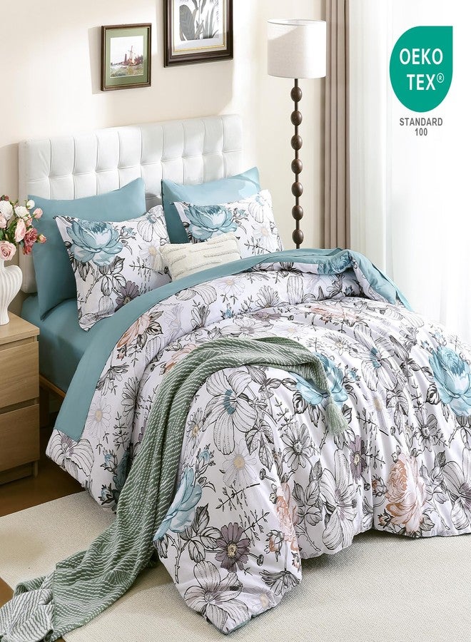 Luxudecor طقم لحاف فاخر من لوكسوديكور، مقاس كينج، 7 قطع، طقم لحاف وملاءات باللون الأزرق المخضر بنقشة زهور، طقم سرير من الألياف الدقيقة الناعمة لجميع الفصول (أزرق مخضر، 104 بوصة × 90 بوصة). - Image 2