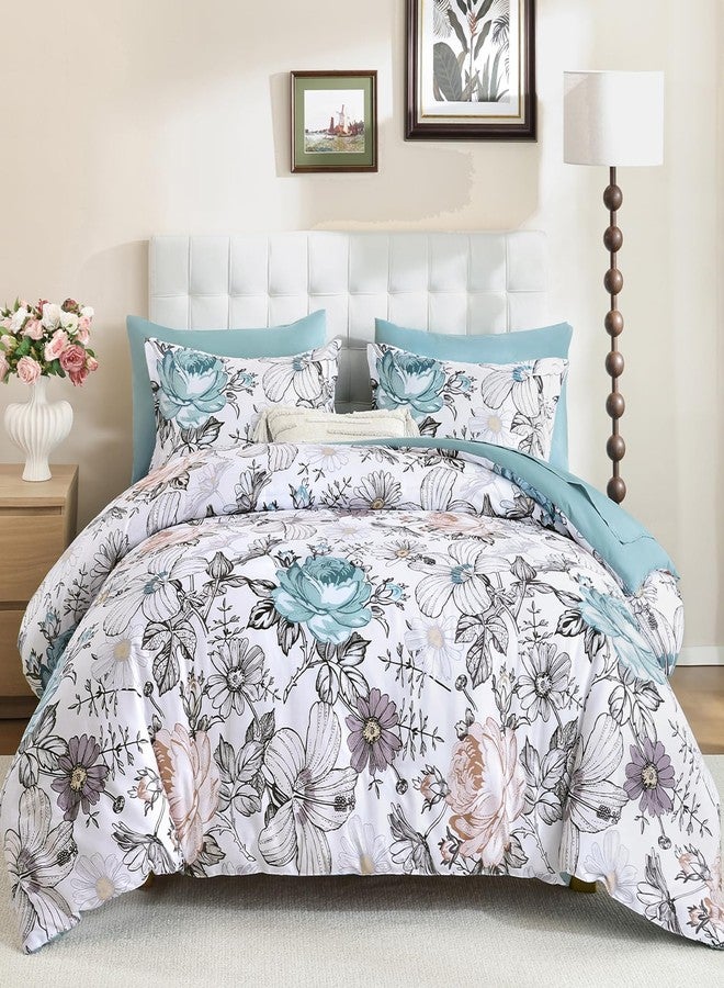 Luxudecor طقم لحاف فاخر من لوكسوديكور، مقاس كينج، 7 قطع، طقم لحاف وملاءات باللون الأزرق المخضر بنقشة زهور، طقم سرير من الألياف الدقيقة الناعمة لجميع الفصول (أزرق مخضر، 104 بوصة × 90 بوصة). - Image 1