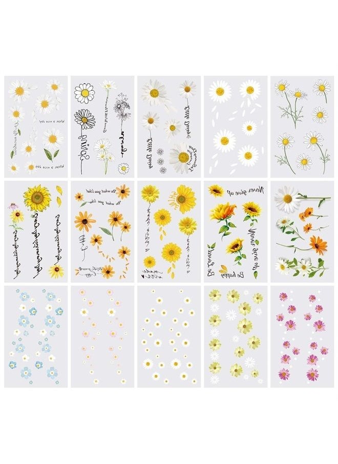 Oottati 15 Sheets Temporary Tattoo Stickers For Women Yellow White Daisy Flower Words Suit for Wrist Hand Neck  - Image 1