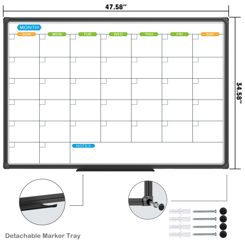 JILoffice Dry Erase Calendar Whiteboard 48 X 36 Inch - Magnetic White Board Calendar Monthly, Black Aluminum Frame Wall Mounted Board for Office Home and School - Image 3