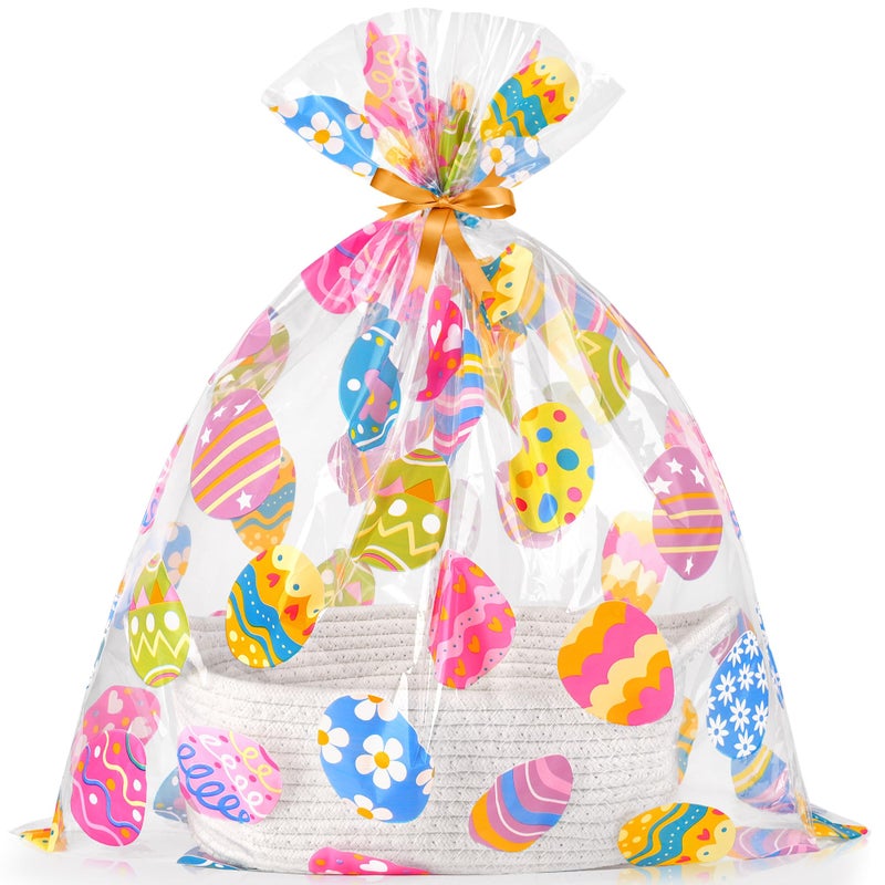 CUDICY Easter Basket with Cellophane Gift Bag and Ribbon Small Woven Basket 12X 8 X 5 for Organizing Toy Storage Gift Basket Wrap 20x24 Inch - Image 2