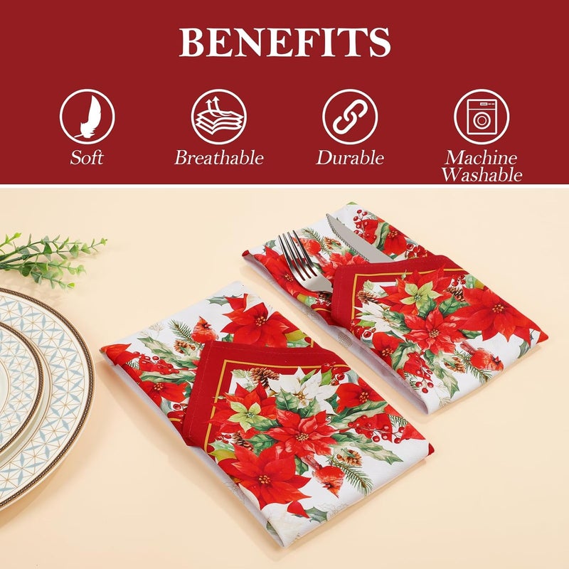 Arquiel Christmas Red Flower Napkins 1818 inch Dinner Cloth Napkins Set of 4 Washable Cotton Soft Absorbent Square Napkins for Dining Kitchen Party Wedding Decoration - Image 3