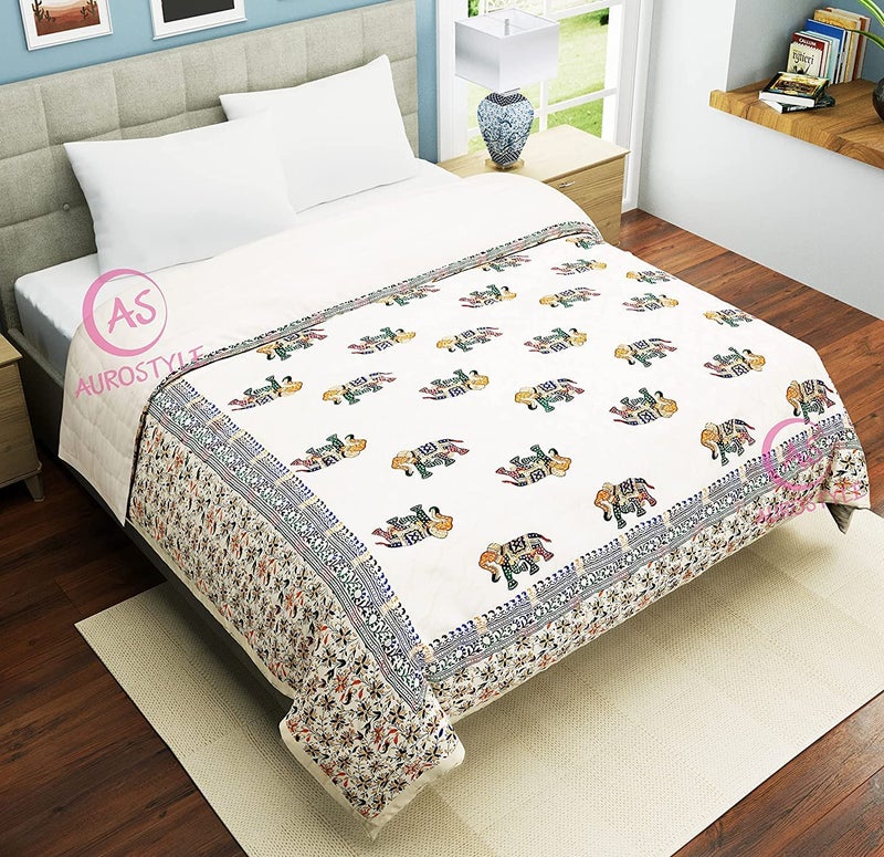 AUROSTYLE Pure Cotton 400 TC Traditional Rajasthani Hand Block Printed Double Bed Jaipuri Quilt/Razai/Rajai [Light Weight, Multicolor, Double Bed-90 x 108 Inches] (Design 2) - Image 4