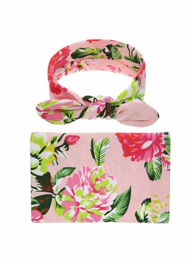NIBEMINENT 2-Piece Floral Printed Swaddling And Bowknot Headband Set Cotton Multicolour