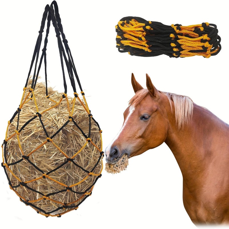 Hanging Hay Feeder Bag 36 Inch Black Yellow for Horses Livestock Stall Trailer - Image 1