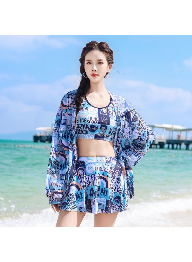 Barbie Women's Three-piece Swimsuit Set, Conservative Fashion Printed Boyshorts, Tummy Control, Slimming, Small Chest, Beach Vacation Swimwear - Image 2