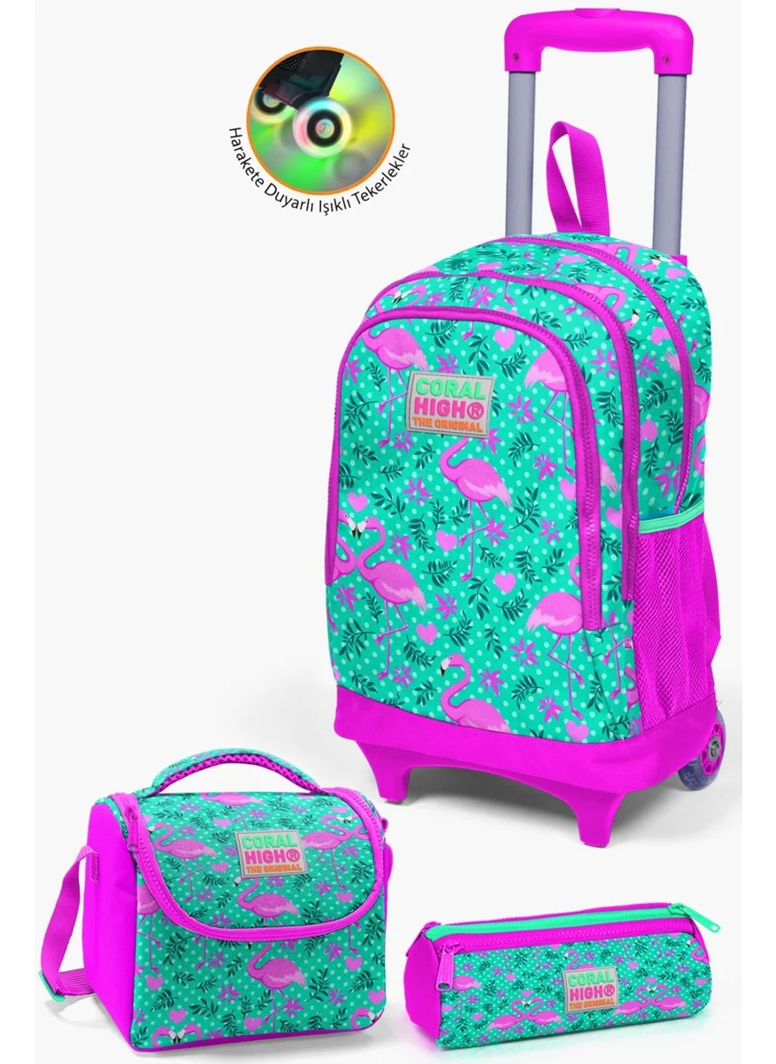 CORAL HIGH Kids Water Green Pink Flamingo Patterned Trolley 3-Piece School Bag Set SET0123912