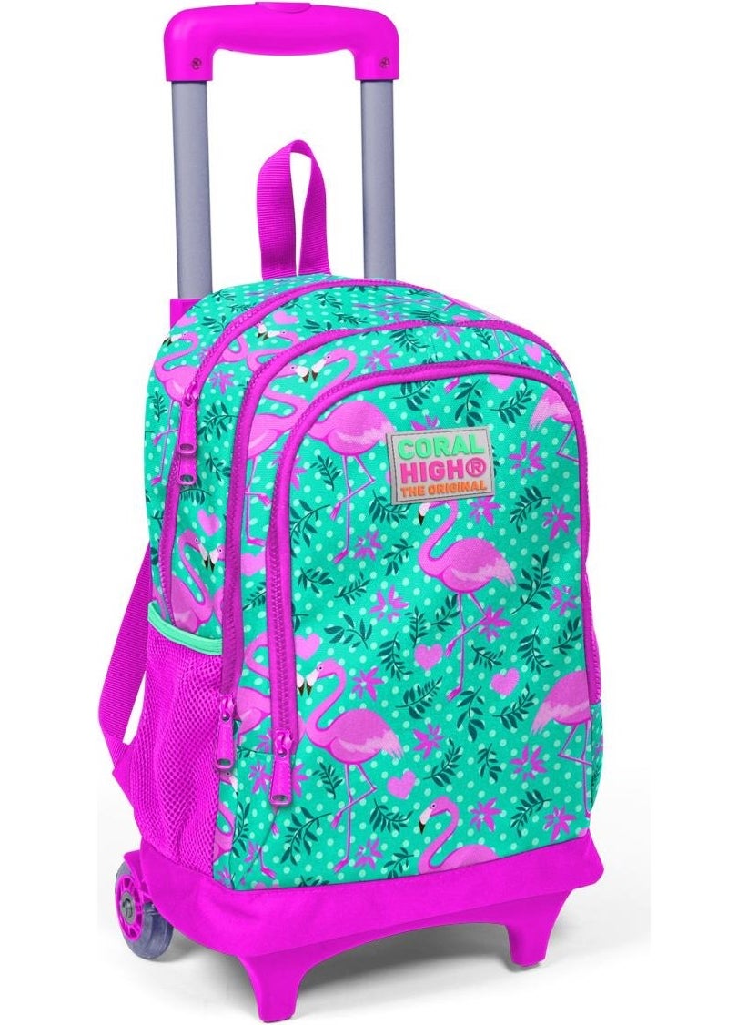 CORAL HIGH - Kids Water Green Pink Flamingo Patterned Trolley 3-Piece School Bag Set SET0123912 - Image 1