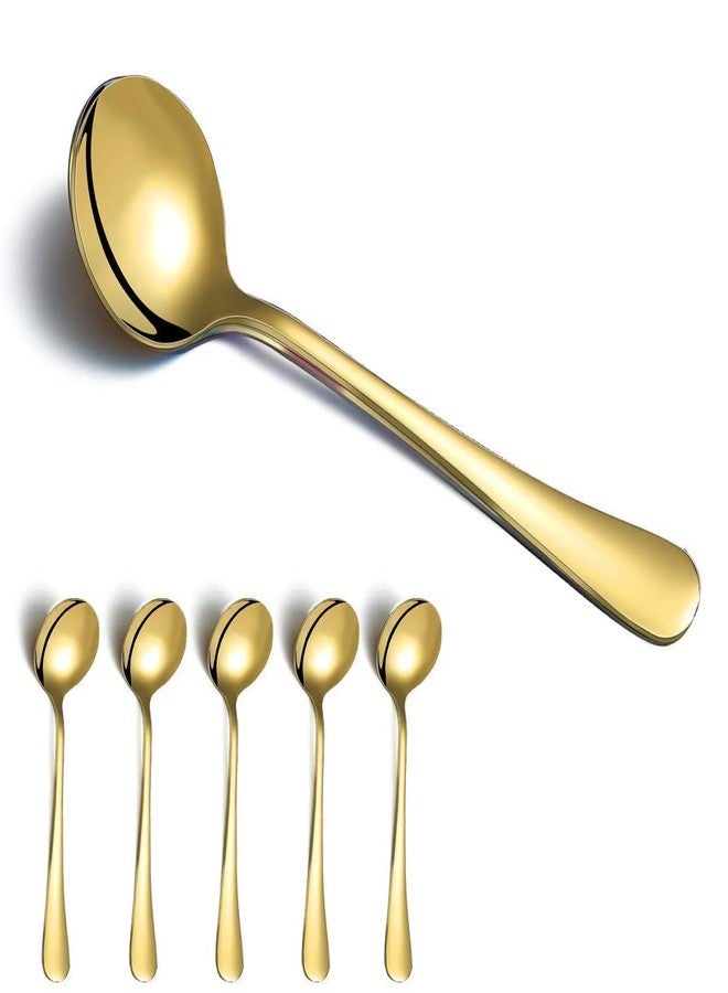 aDai Set of 5 Gold Soup Spoon - 7.2" Stainless Steel Titanium Plating Shiny Golden Round Spoons Flatware - Gold Table Spoon Cutlery Set - for Dining, Restaurant & Gifting - Image 1