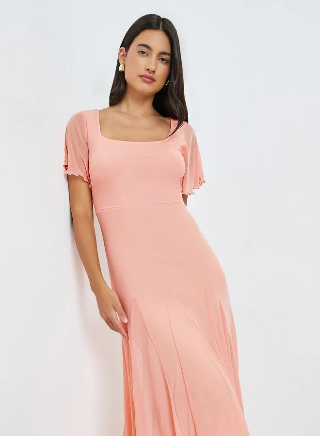 Styli Peach Short Sleeve A-Line Maxi Dress