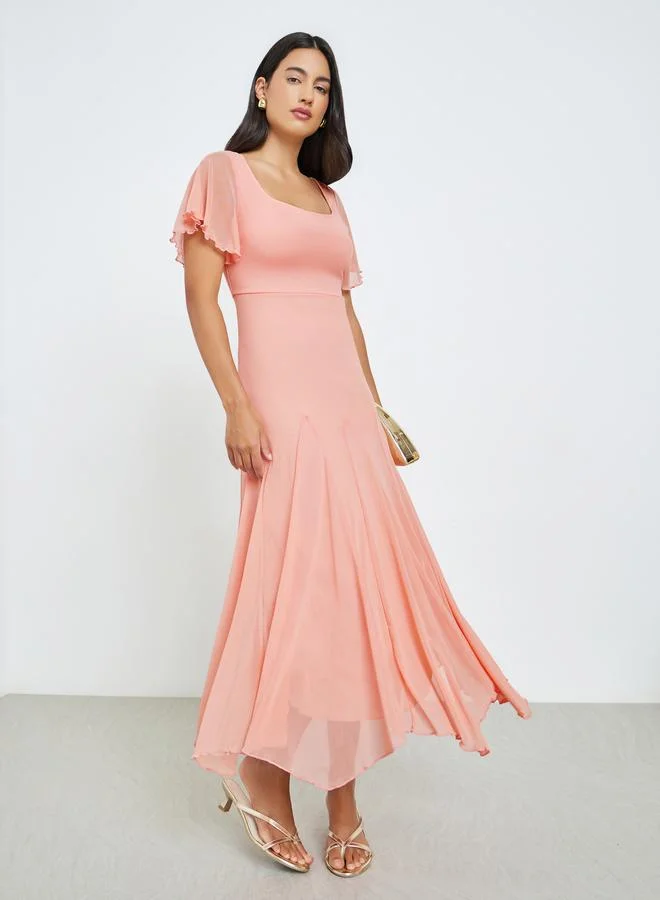 Peach Short Sleeve A-Line Maxi Dress