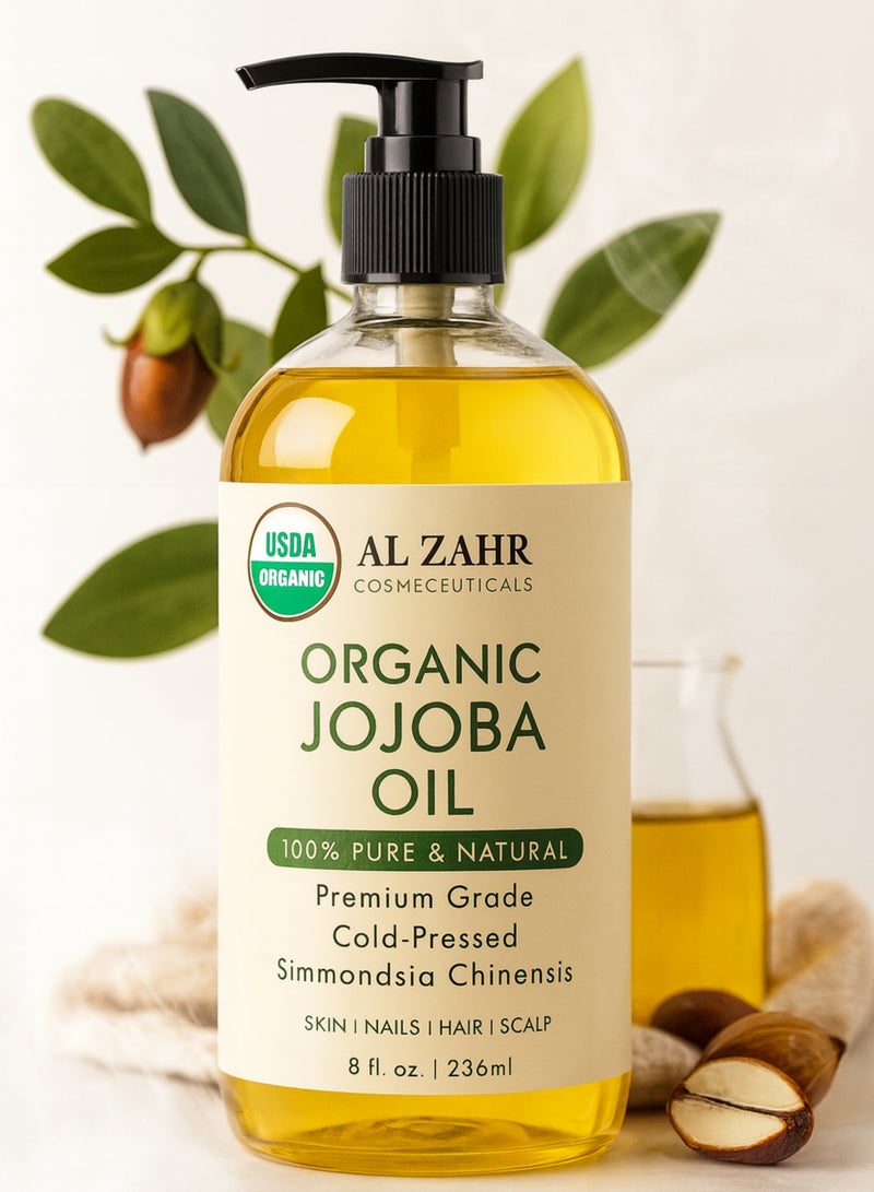 زهر زيت الجوجوبا العضوي - 100% نقي وطبيعي، معتمد كمنتج عضوي من وزارة الزراعة الأمريكية، زيت سيمونديا تشينينسيس عالي الجودة معصور على البارد - للبشرة والشعر والأظافر وفروة الرأس - 236 مل - Image 1