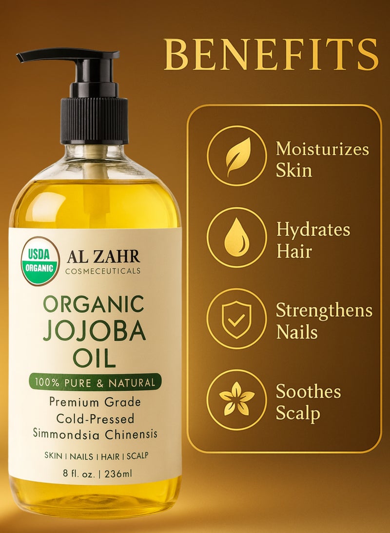 زهر زيت الجوجوبا العضوي - 100% نقي وطبيعي، معتمد كمنتج عضوي من وزارة الزراعة الأمريكية، زيت سيمونديا تشينينسيس عالي الجودة معصور على البارد - للبشرة والشعر والأظافر وفروة الرأس - 236 مل - Image 2