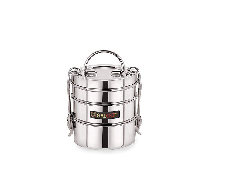 GALOOF Stainless Steel Sada Simple 3 Compartment Clip Tiffin/Lunchbox/Puri Dabba for Office/Collage/School use(1, 8X3 (1500 ml)) - Image 3