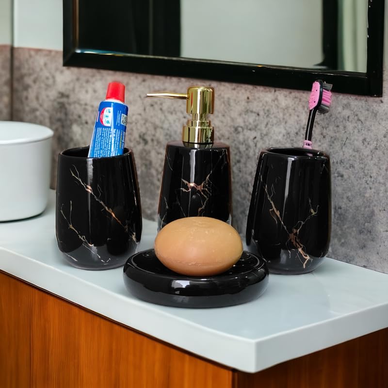 Whizzo Ceramic Premium Bathroom Accessories Set Ceramic 4 Pieces Bathroom Accessories Set Soap Dispenser Toothbrush Holder Tumbler Soap Dish The Best Gifting Choice Black 795 - Image 3
