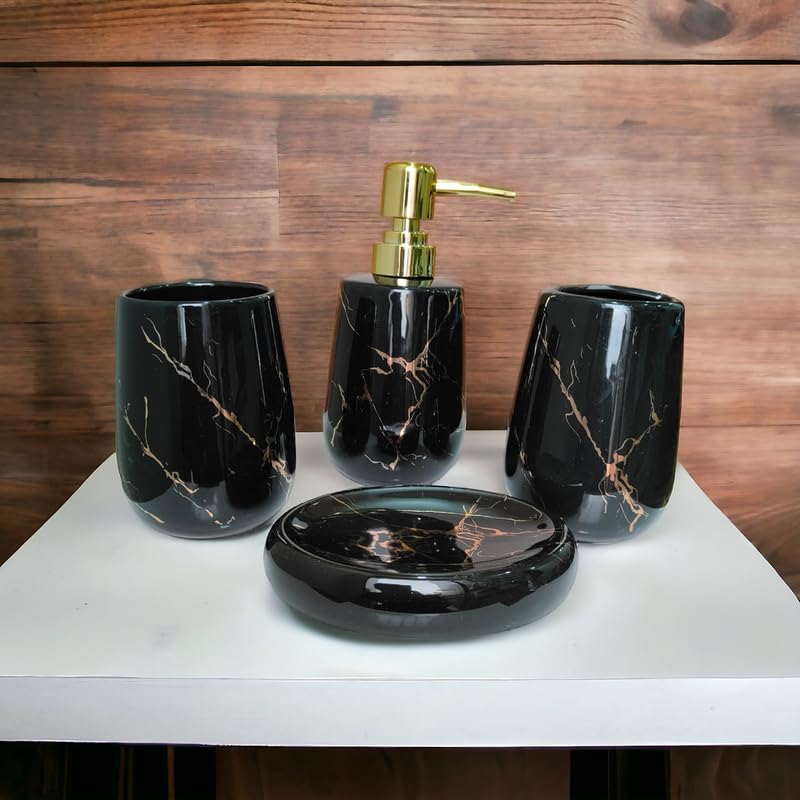 Whizzo Ceramic Premium Bathroom Accessories Set Ceramic 4 Pieces Bathroom Accessories Set Soap Dispenser Toothbrush Holder Tumbler Soap Dish The Best Gifting Choice Black 795 - Image 1