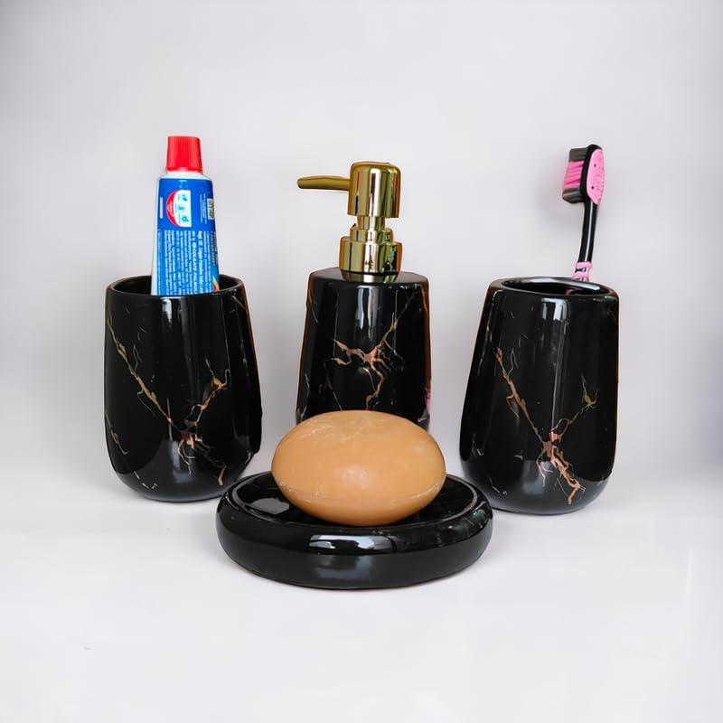Whizzo Ceramic Premium Bathroom Accessories Set Ceramic 4 Pieces Bathroom Accessories Set Soap Dispenser Toothbrush Holder Tumbler Soap Dish The Best Gifting Choice Black 795 - Image 2