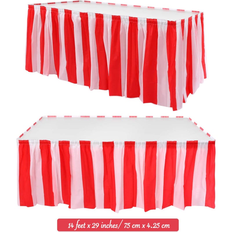 Pangda 2 Pieces Red and White Striped Table Skirt Carnival Theme Table Skirts for Circus Carnival Decoration Party Supplies - Image 2