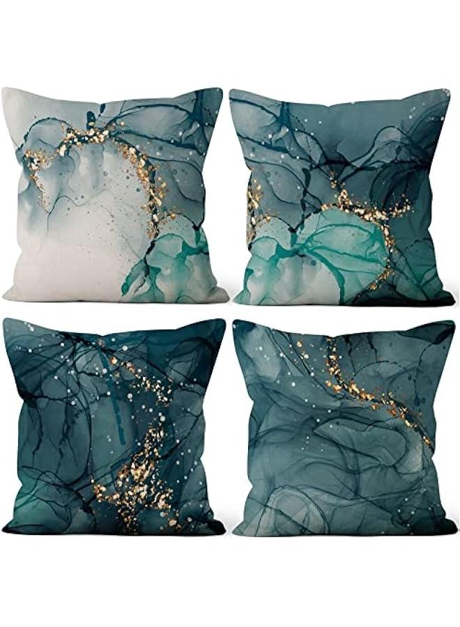 Marble Pillow Covers 18x18 Inch, Ink Blue Luxury Liquid Marble Modern Pillow Covers Teal and Gold Square Cotton Linen Couch Pillow Cases for Home Decor, Set of 4 (No Insert Included)  - Image 1