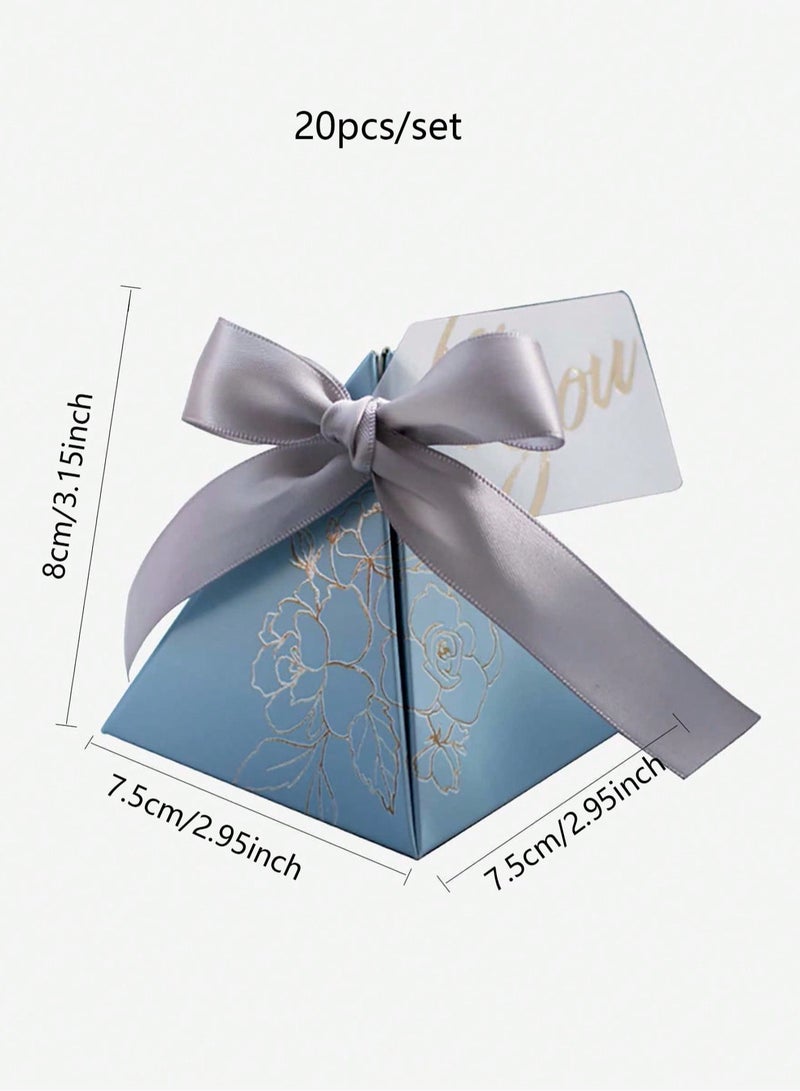 20 صناديق فاخرة لتوزيع حلوى الزفاف مزودة بشريط – صناديق هرمية الشكل بطباعة زهرية معدنية أنيقة، مثالية لتقديم الحلوى في حفلات الزفاف، عيد الحب، عيد الأم، حفلات المواليد، الذكرى السنوية، التخرج والمناسبات الخاصة | تغليف راقٍ للحلويات والهدايا الصغيرة - Image 4