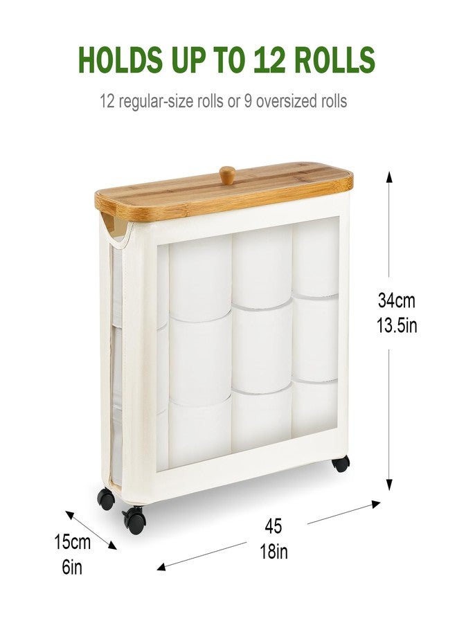 Vathery Toilet Paper Storage Basket with Wheel, Bamboo Toilet Paper Holder with Lid and Handle, Toilet Papers Organizer for 9-12 Rolls Bathroom Accessories - Image 2